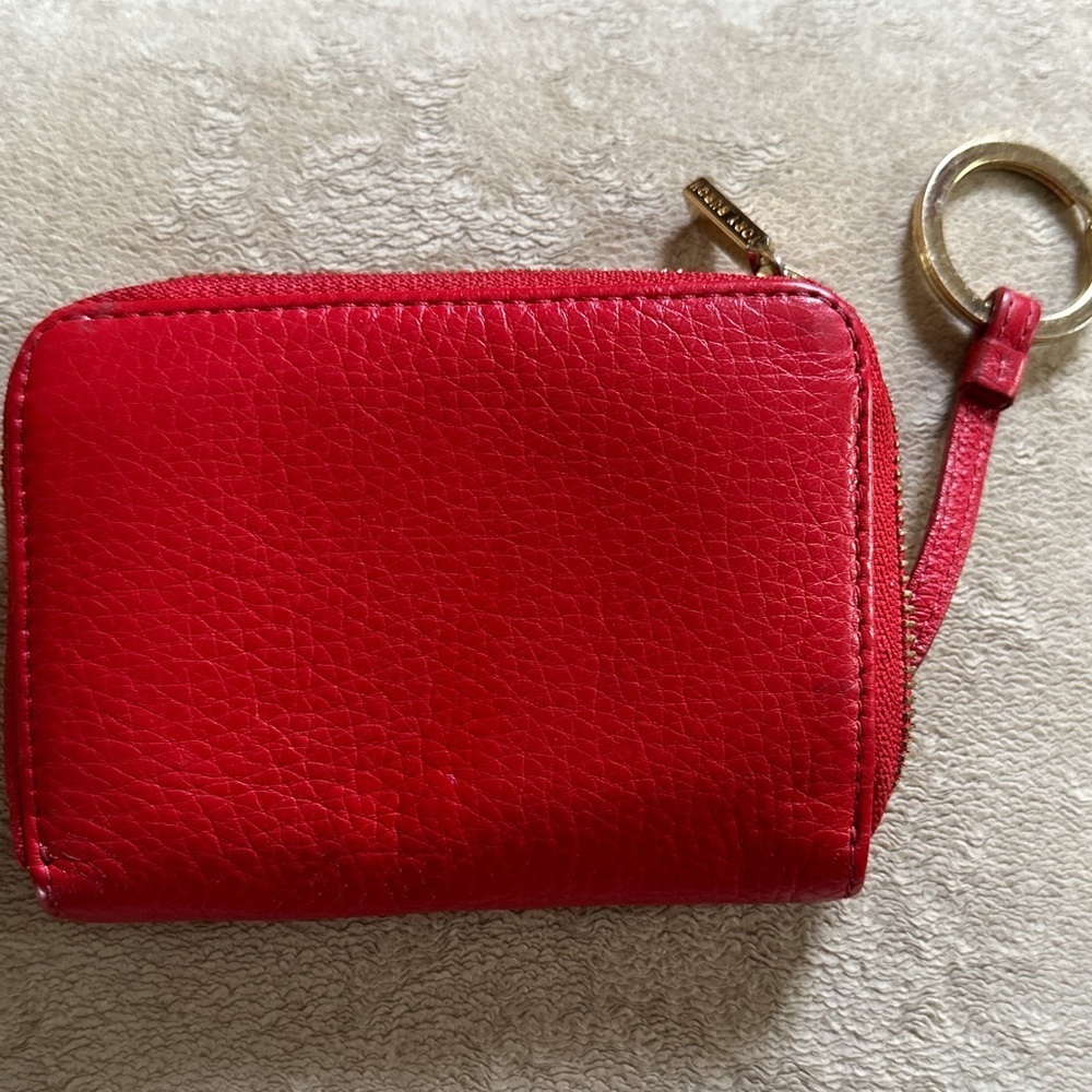 Tory Burch red zip around card coin paper holder with gold hardware key ring - Picture 2 of 11